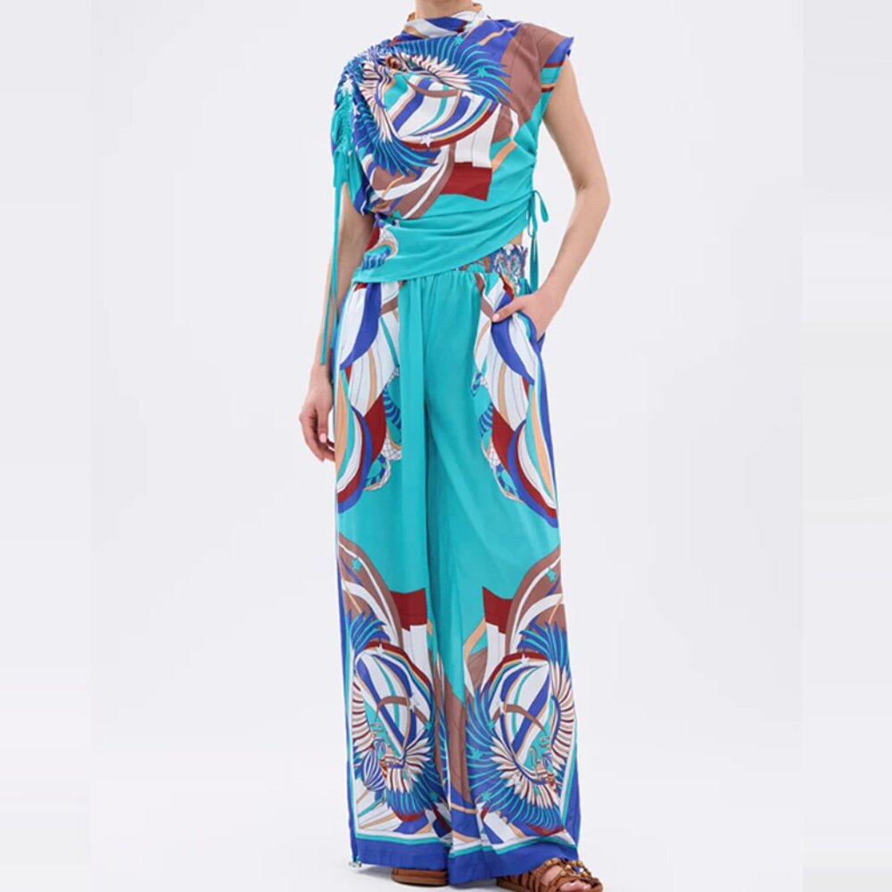 Turquoise Print Wide-Leg Jumpsuit